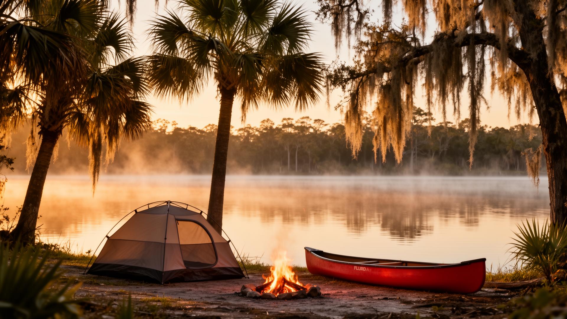 Florida lake at sunset with tent, canoe, and campfire